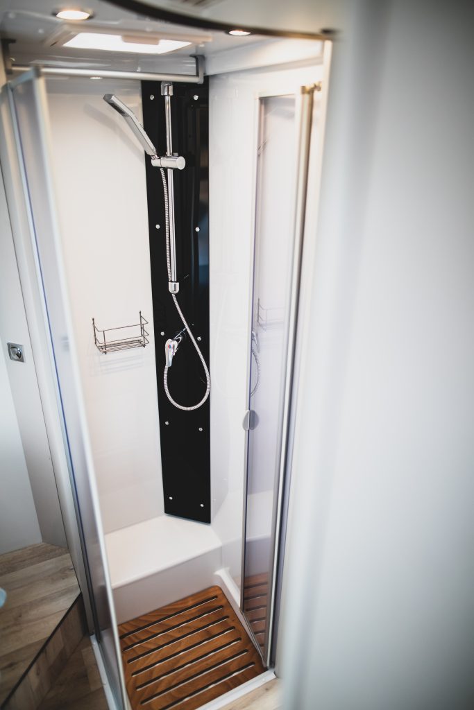 Glamper RV shower at Pennard Orchard accommodation for Glastonbury Festival 