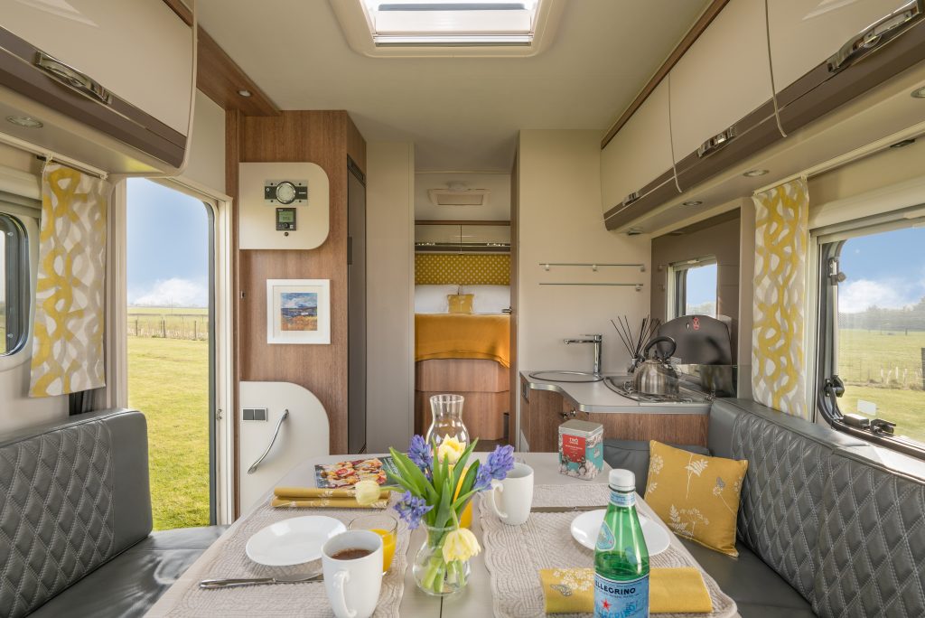 Glamper RV living area at Pennard Orchard accommodation for Glastonbury Festival